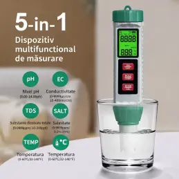 Tester apa 5 in 1 digital pH EC TDS salinitate temperatura | aparat profesional verificare calitate apa